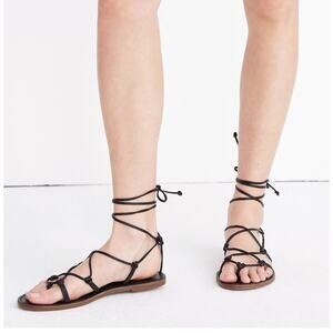 MADEWELL Boardwalk Tie-Up Leather Flat Sandals Black Size 8 as